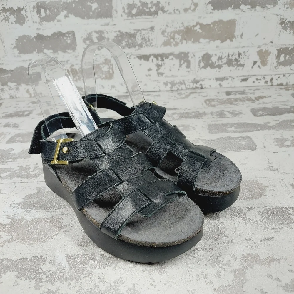 New Munro Flynn Black Leather Strappy Platform Wedge Sandal D816